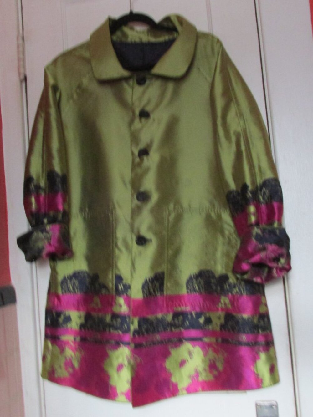 UBU Raincoat Jacket Reversible Floral Navy Green Pockets Button Travel Large